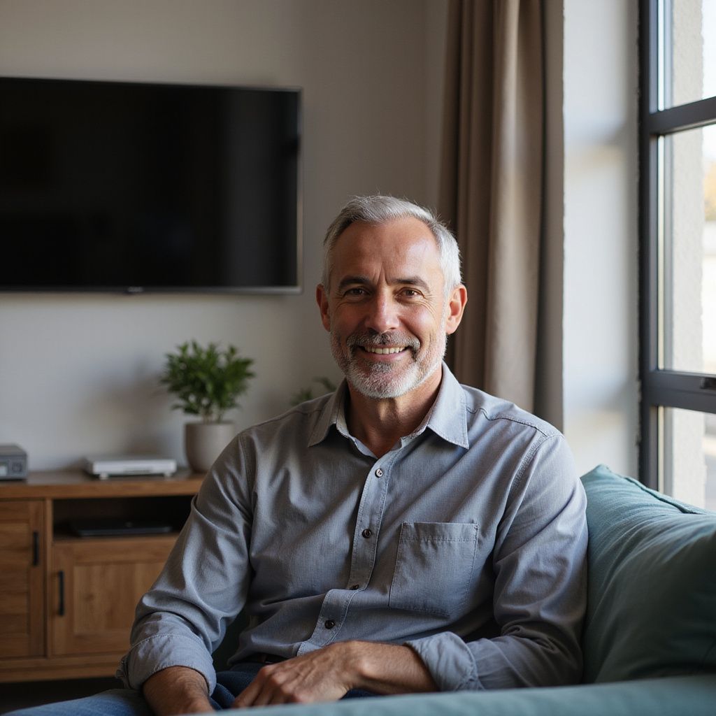 Man seated on a couch, smiling. Gray-haired, wearing a button-down shirt, near a window and TV.