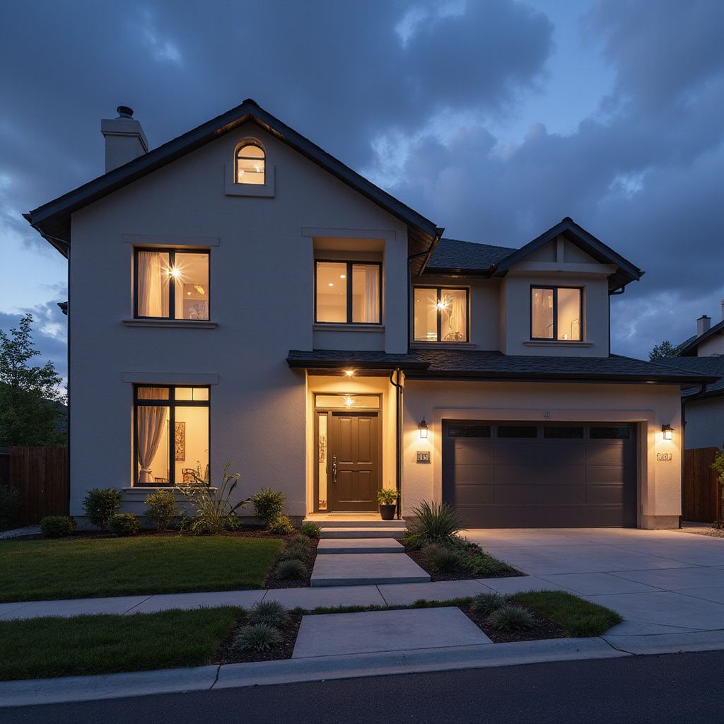 Two-story home at dusk with lights on. Beige stucco, dark gray roof and garage, front door illuminated.