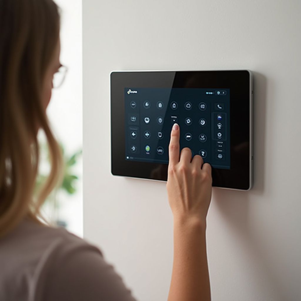 Person interacting with a touchscreen smart home control panel mounted on a white wall.