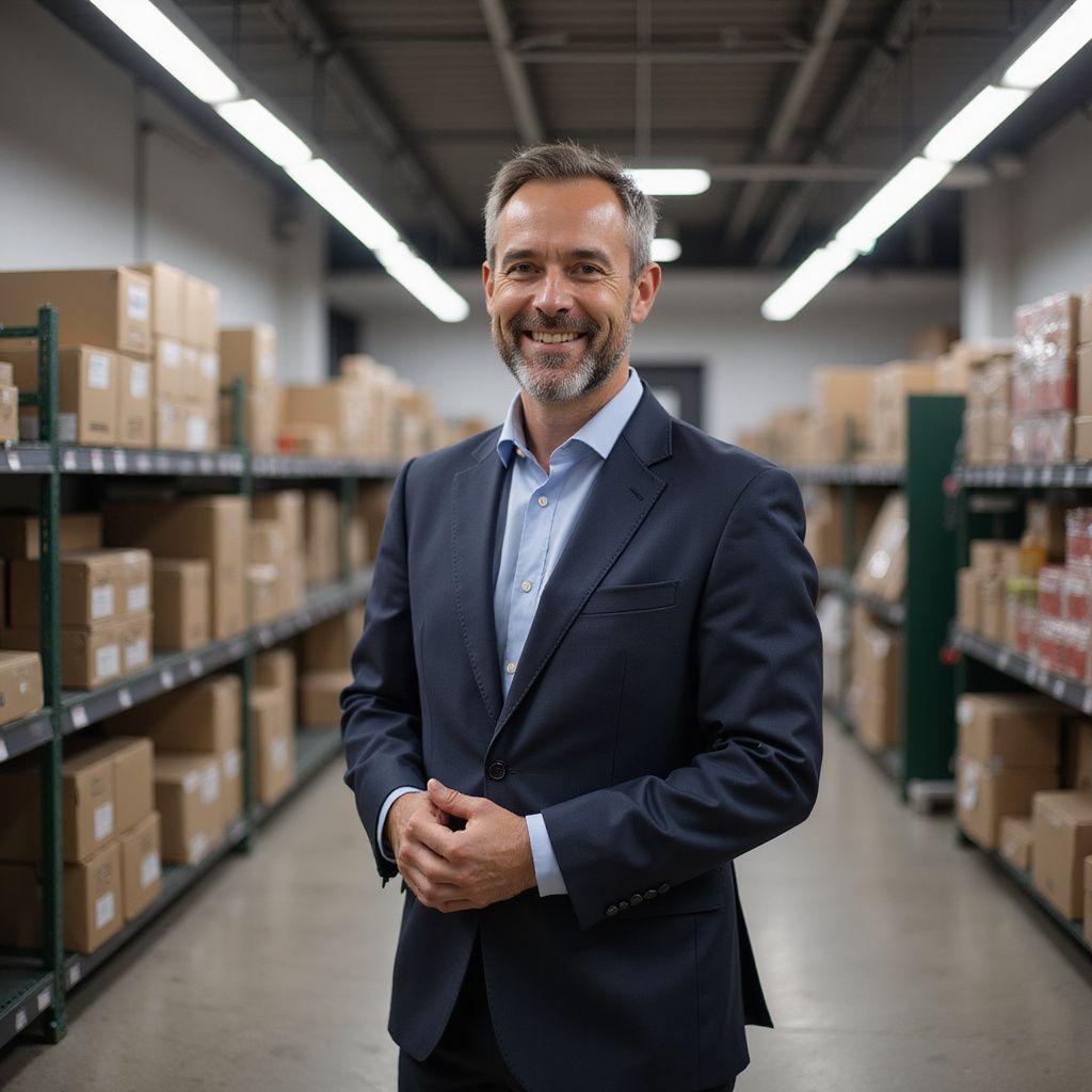 Man in suit smiles in a warehouse aisle filled with boxes on shelves.