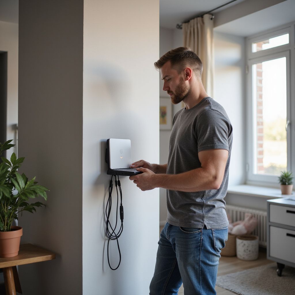 Man standing by a wall-mounted charging station, holding a cable. Indoor setting.