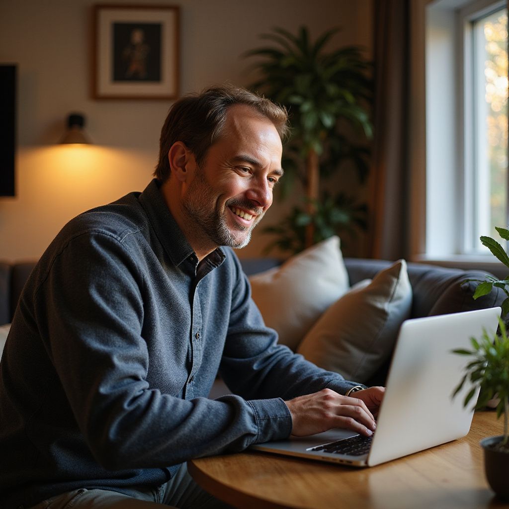 Man smiling, typing on laptop at a table, indoors. Sunlight, plants, and sofa in the background.