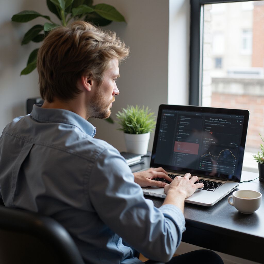 Man working on a laptop at a desk by a window; looking focused.