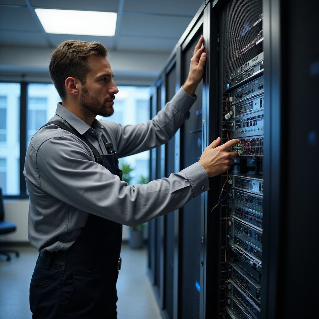 Man working on server rack in a data center. He wears a grey shirt and black overalls.