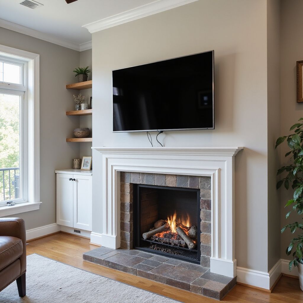 Living room with fireplace, TV above. Fireplace has stone surround. Beige walls, wooden shelves.