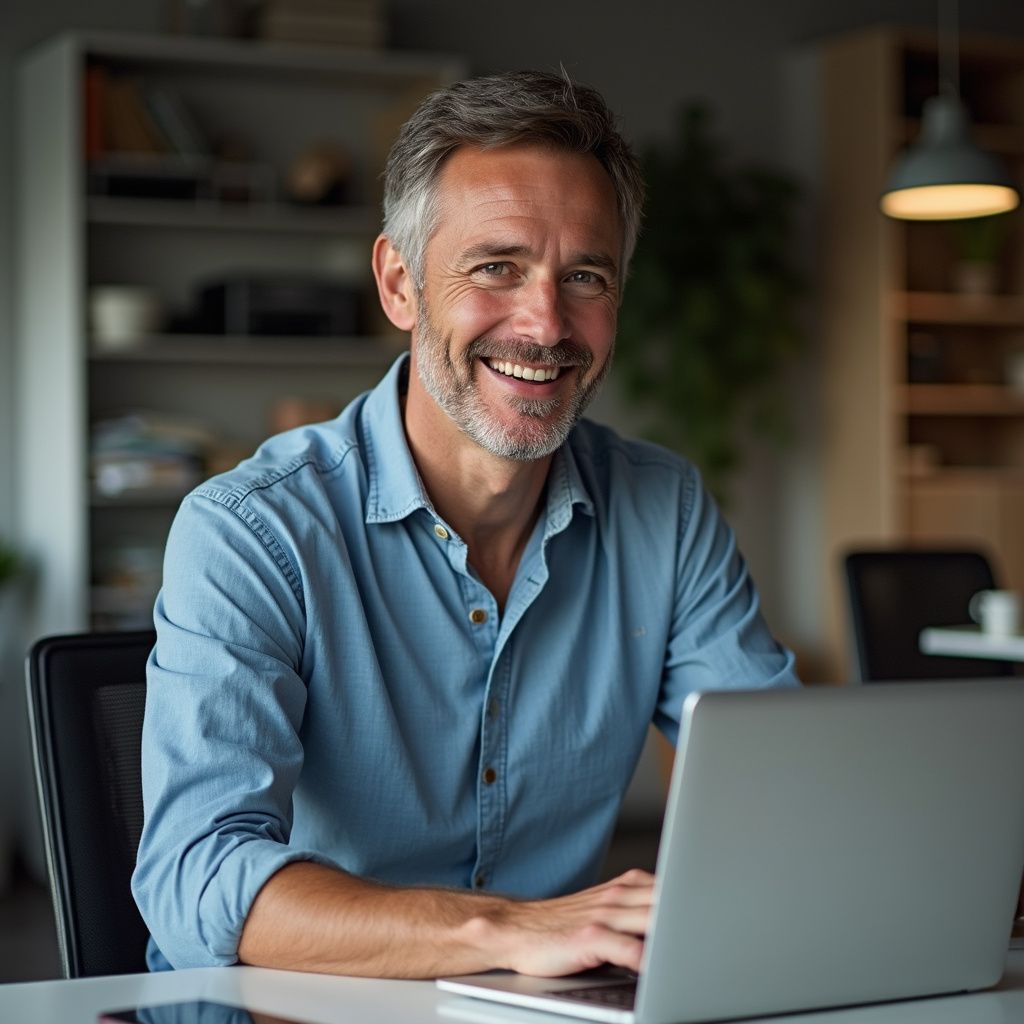 Man with gray hair smiles while working on a laptop at a desk in a home office.