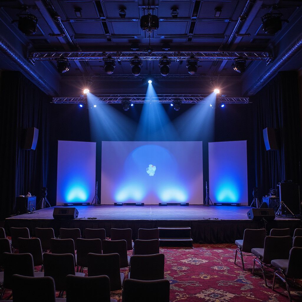 Stage with blue lighting, screen, and seating, likely for a presentation or performance.