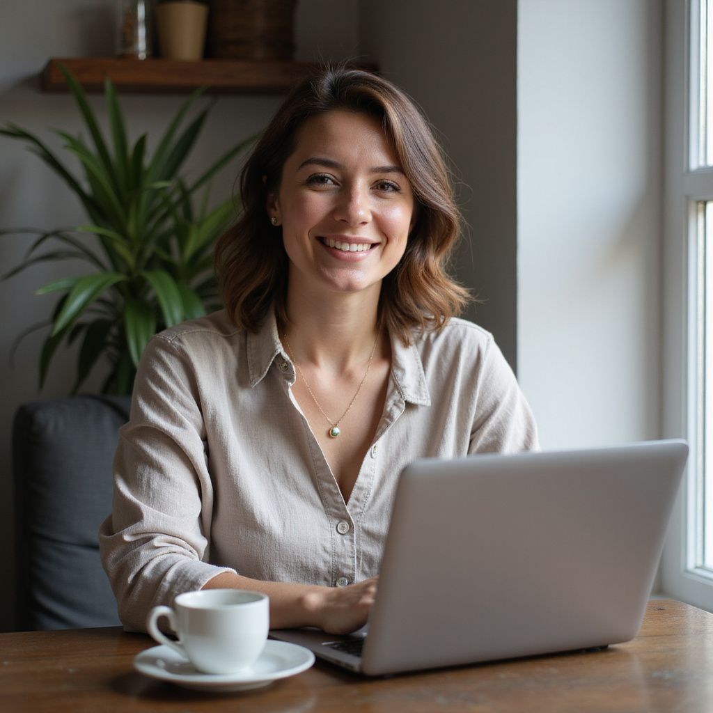 Woman smiles while working on a laptop at a table with coffee, a plant, and window in the background.