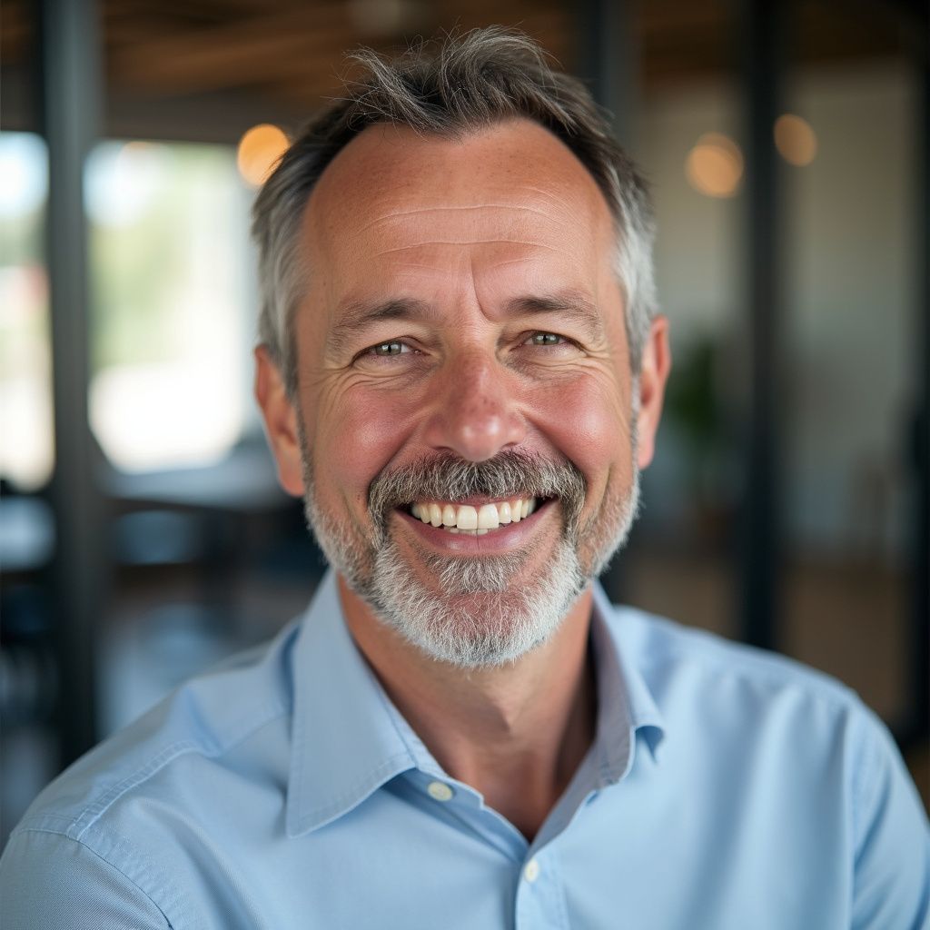 Smiling man with gray hair and beard, wearing a light blue button-down shirt. Blurred office background.