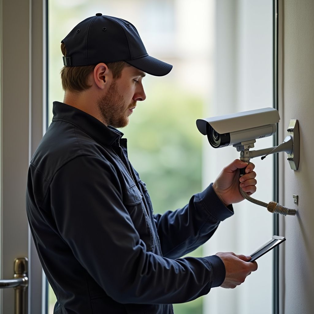 Man in baseball cap installs security camera on a wall, using a tablet.