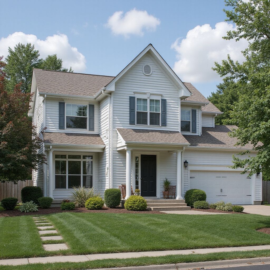 White two-story house with blue shutters, a garage, and a well-manicured lawn under a sunny sky.