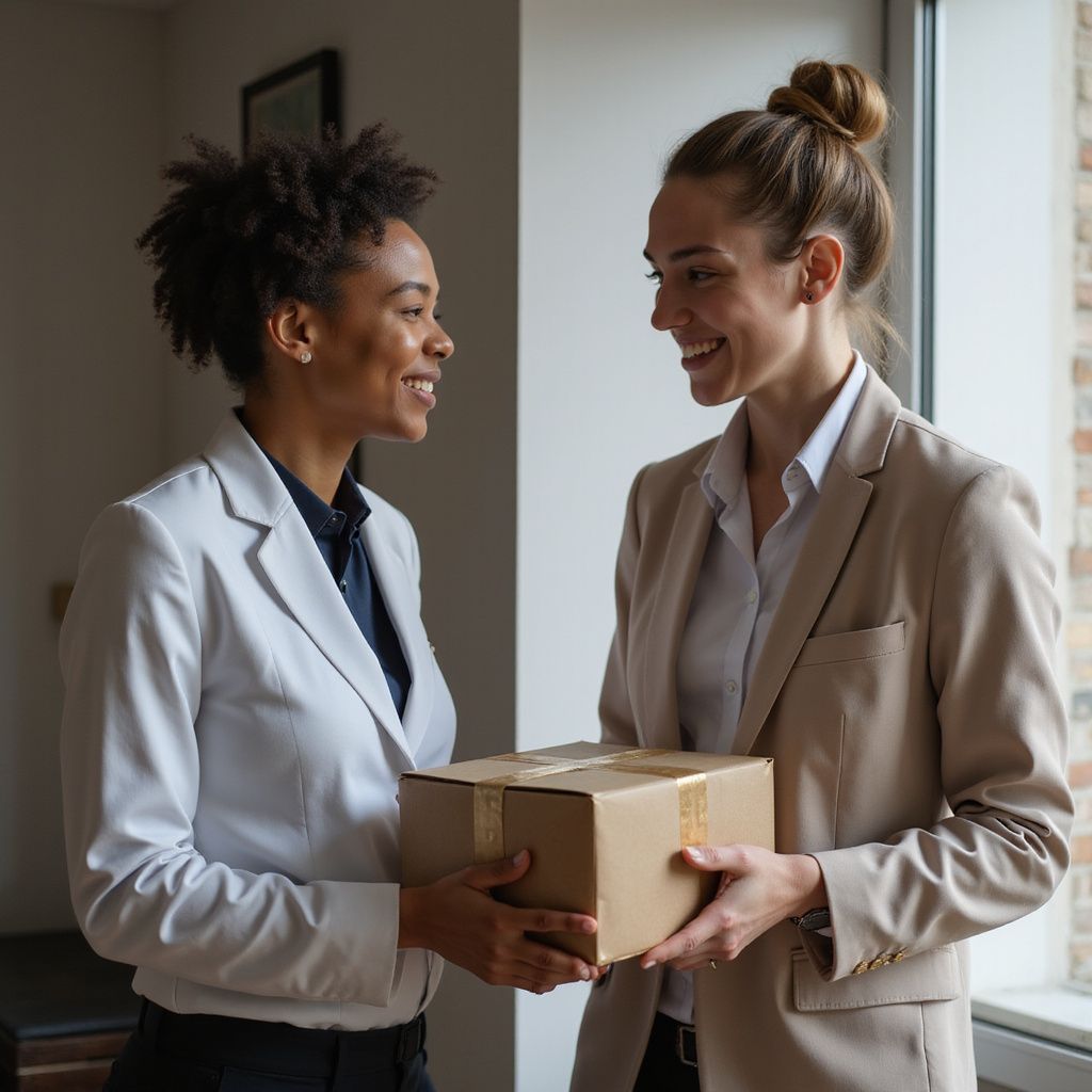 Two women in suits exchanging a cardboard box indoors, smiling.