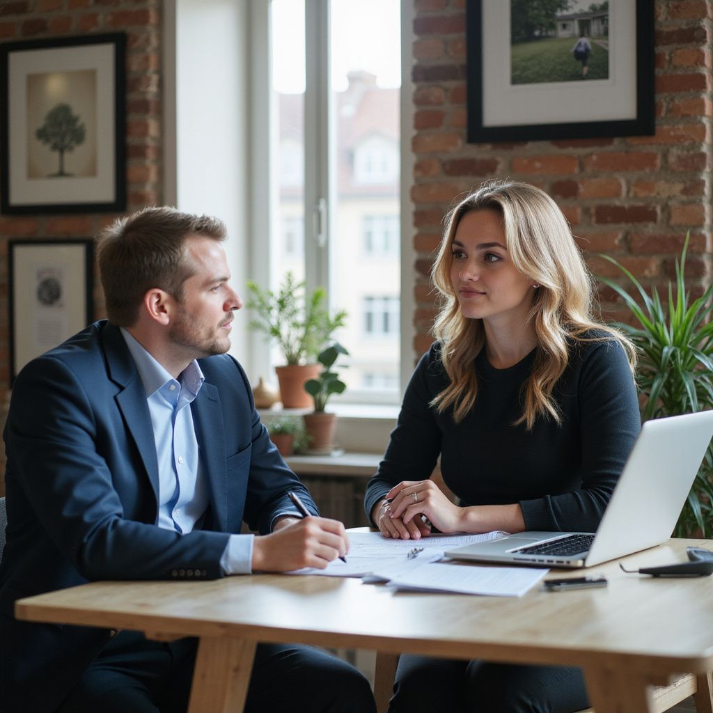 Man and woman at a table, looking at each other, laptop and paperwork present.