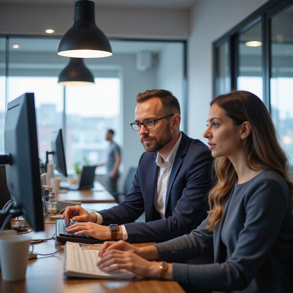 Two people in business attire working together at a computer in a modern office.