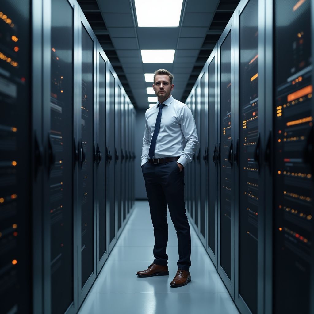 Man in dress shirt and tie stands in server room, hands in pockets.