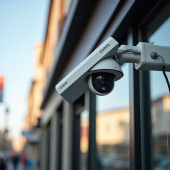 Security camera mounted on a building's exterior, angled slightly upward.