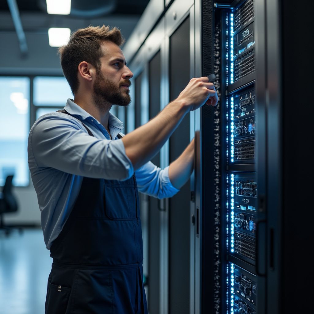 Man in blue shirt and overalls, working on server rack in data center.
