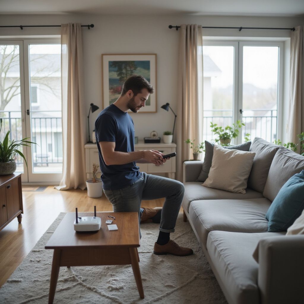 Man sits on couch, holding remote, looking at router on coffee table. Living room with light, neutral tones.