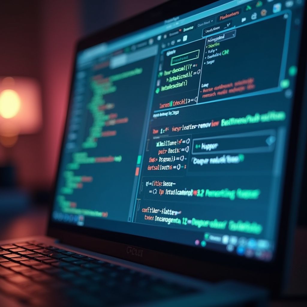 Laptop screen displaying code in a dark environment. Text is green and red on a blue background.