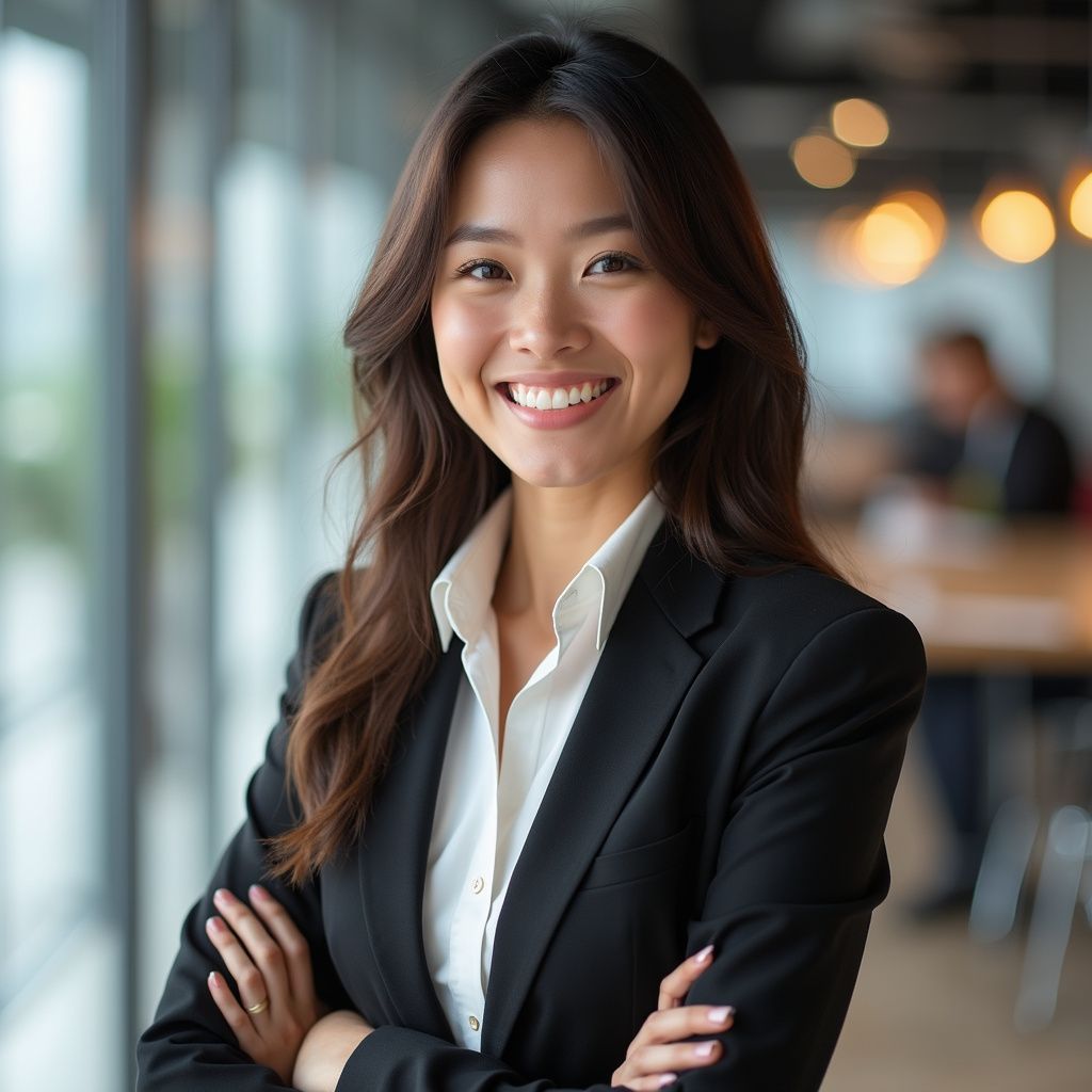 Woman in a black blazer and white shirt, smiling with arms crossed, in an office setting.