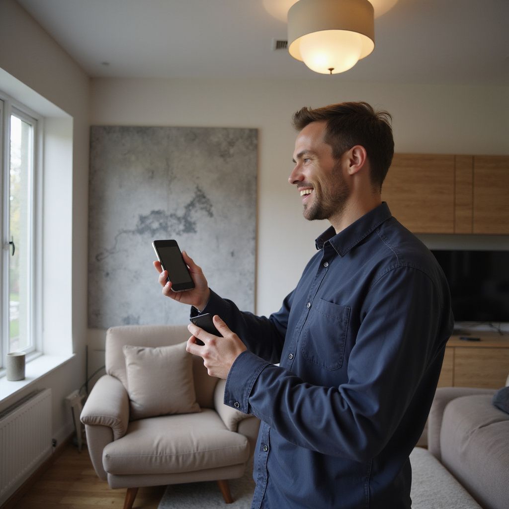 Man in a blue shirt smiling, holding a phone and remote in a well-lit living room.