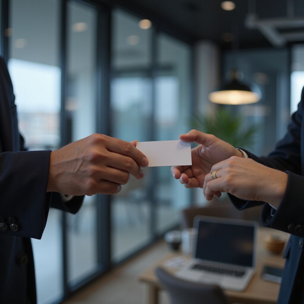 Two people in suits exchanging a blank business card in an office setting.