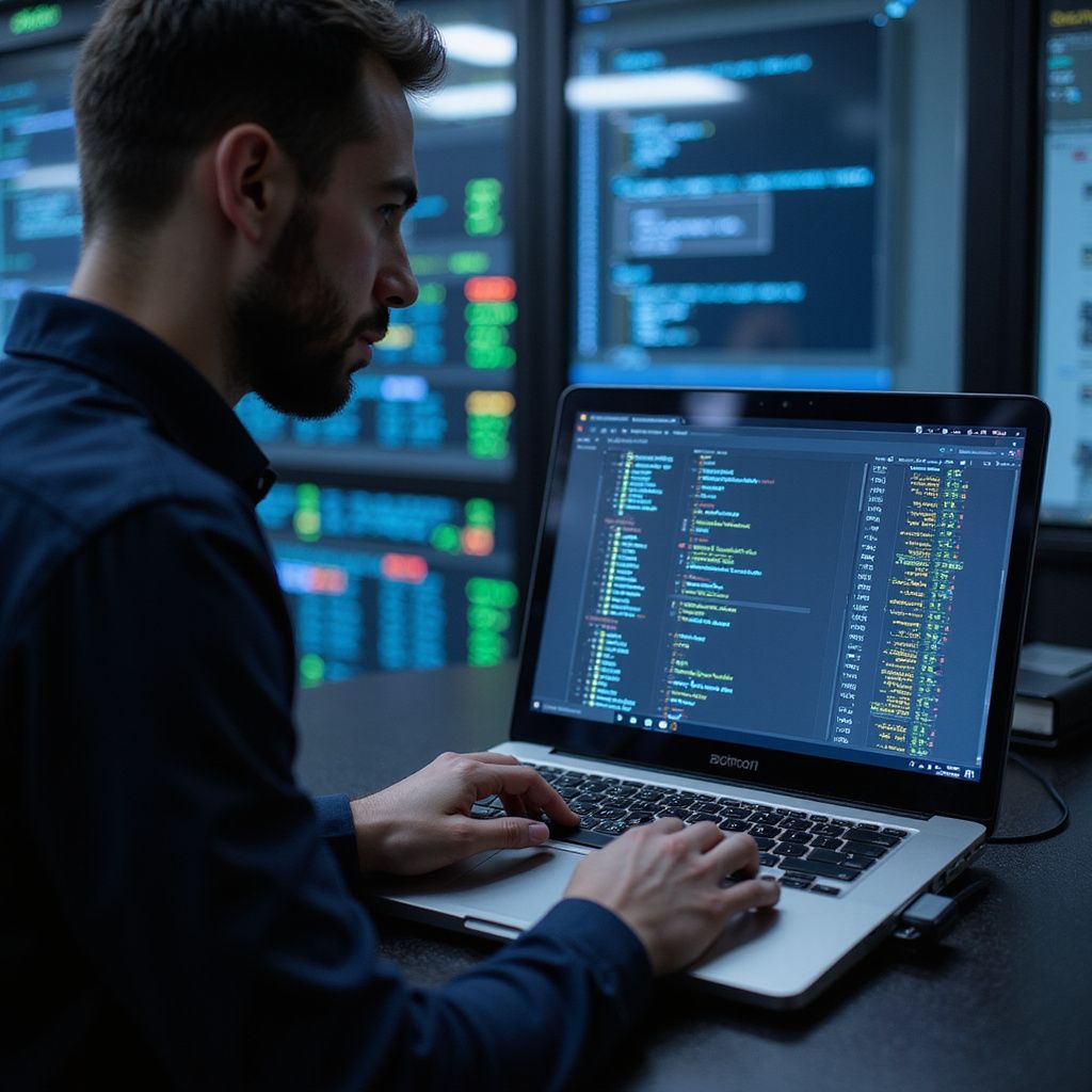 Man working on a laptop with code displayed, in a dimly lit server room.