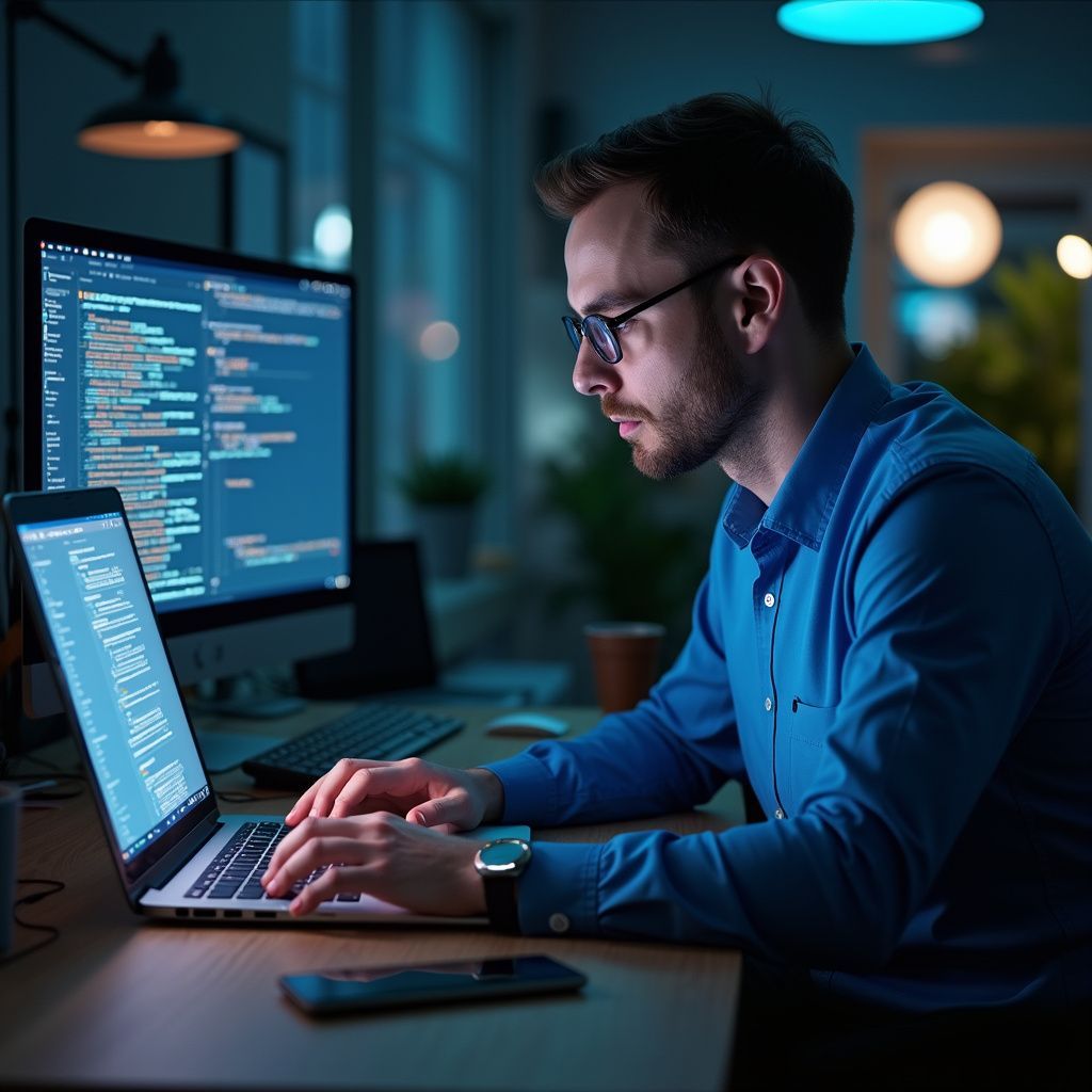 Man wearing glasses types on a laptop, with code displayed on the screen and a larger monitor in the background.
