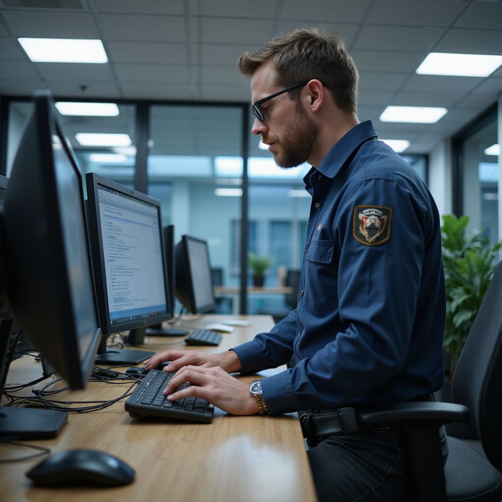 Man in blue shirt with glasses, typing at a computer in an office setting.