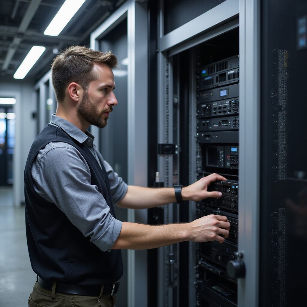Technician working on server rack in a data center, wearing a vest and looking intently.