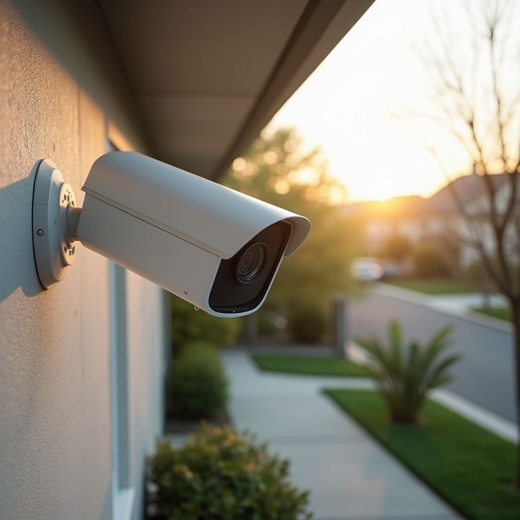Security camera mounted on a building exterior, overlooking a suburban street at sunset.