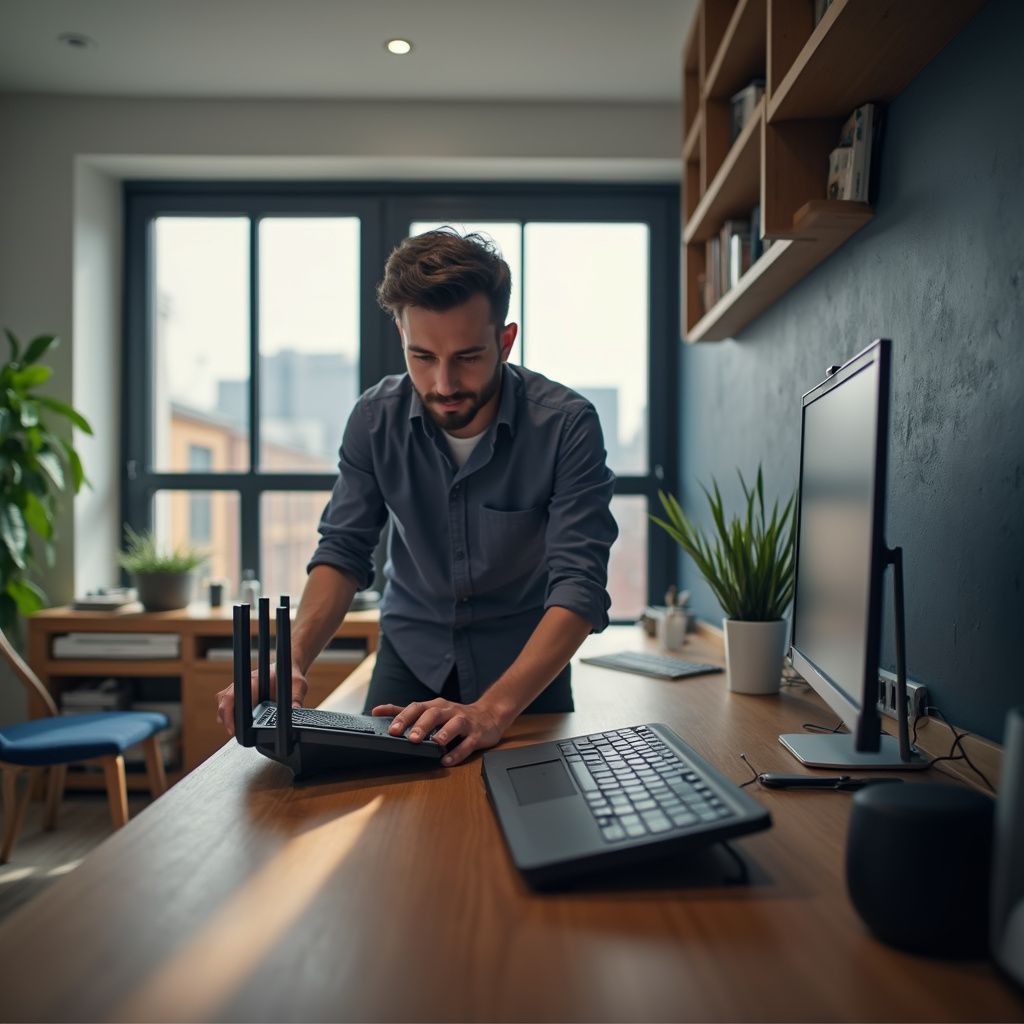 Man adjusting a Wi-Fi router on a desk in a home office with a laptop, monitor, and plants.
