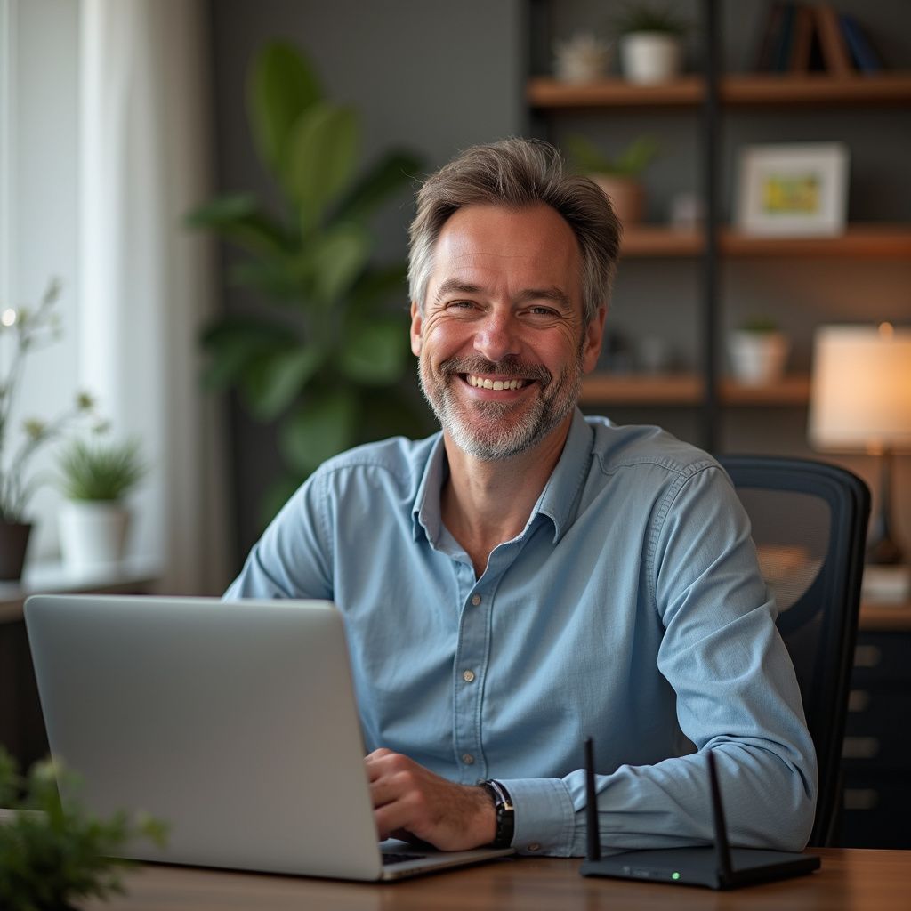 Man smiling at laptop in home office.