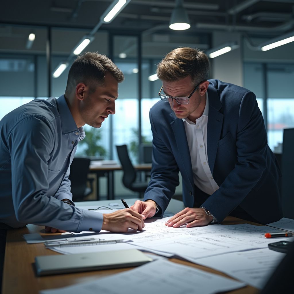 Two men in an office looking at blueprints on a desk, discussing and writing.