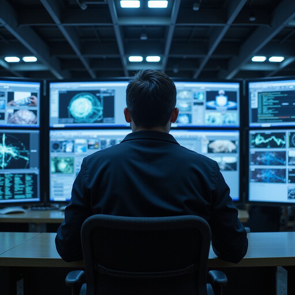 Man at computer monitors in a dark room; analyzing data, screens show graphs, diagrams, and data streams.