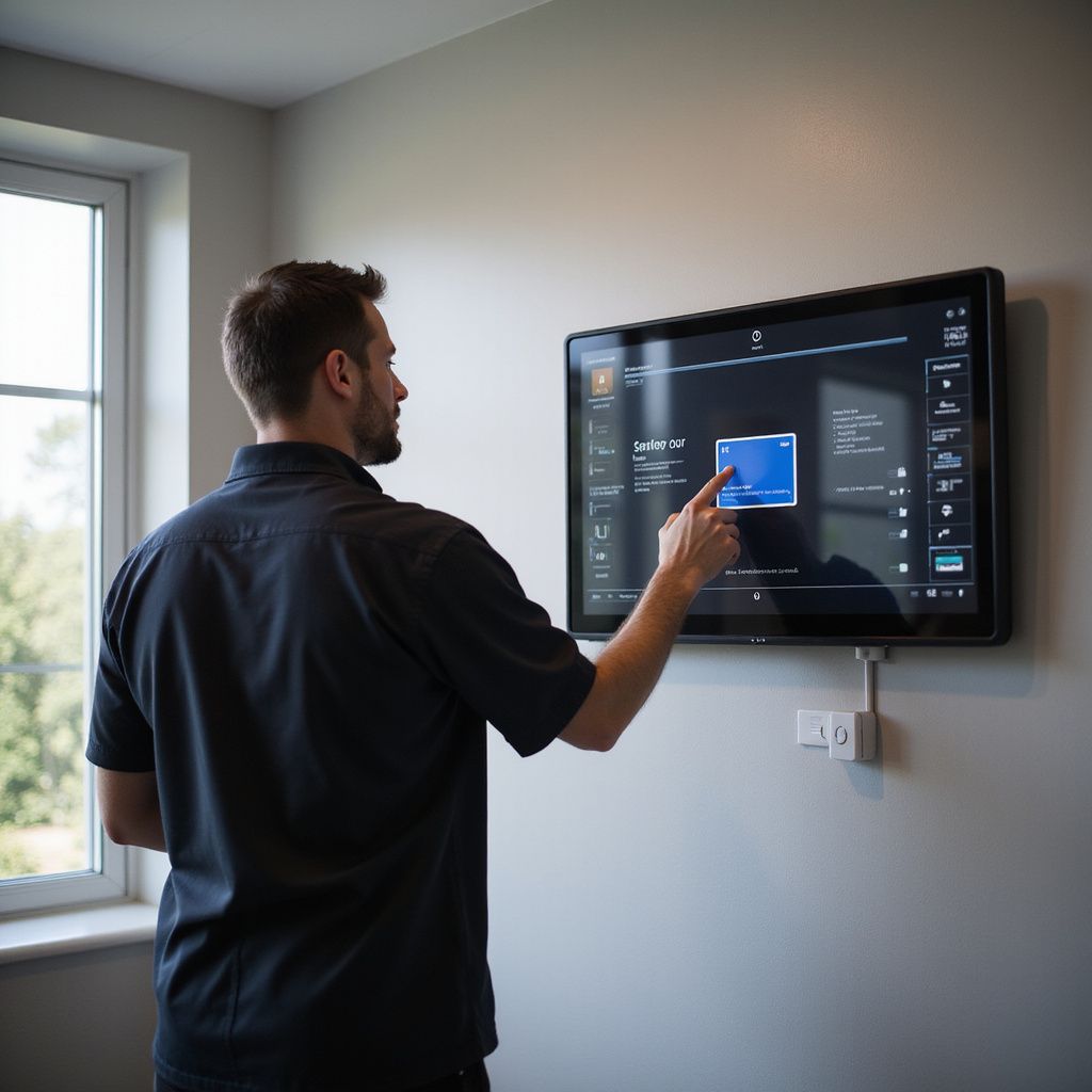 Man interacting with a wall-mounted touchscreen, pointing at the screen; modern interior with window.