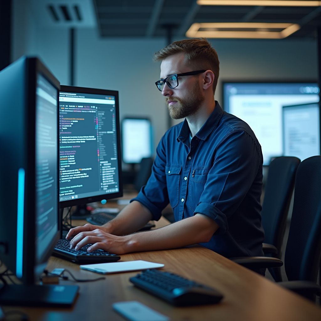 Man working on computer code in an office setting. He wears glasses, a blue shirt, and types on a keyboard.