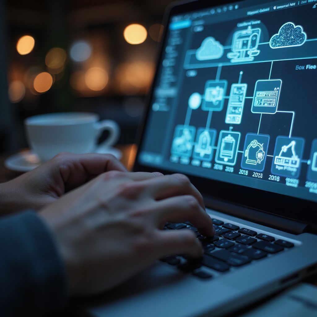 Person typing on a laptop with a diagram on the screen; a coffee cup sits nearby.