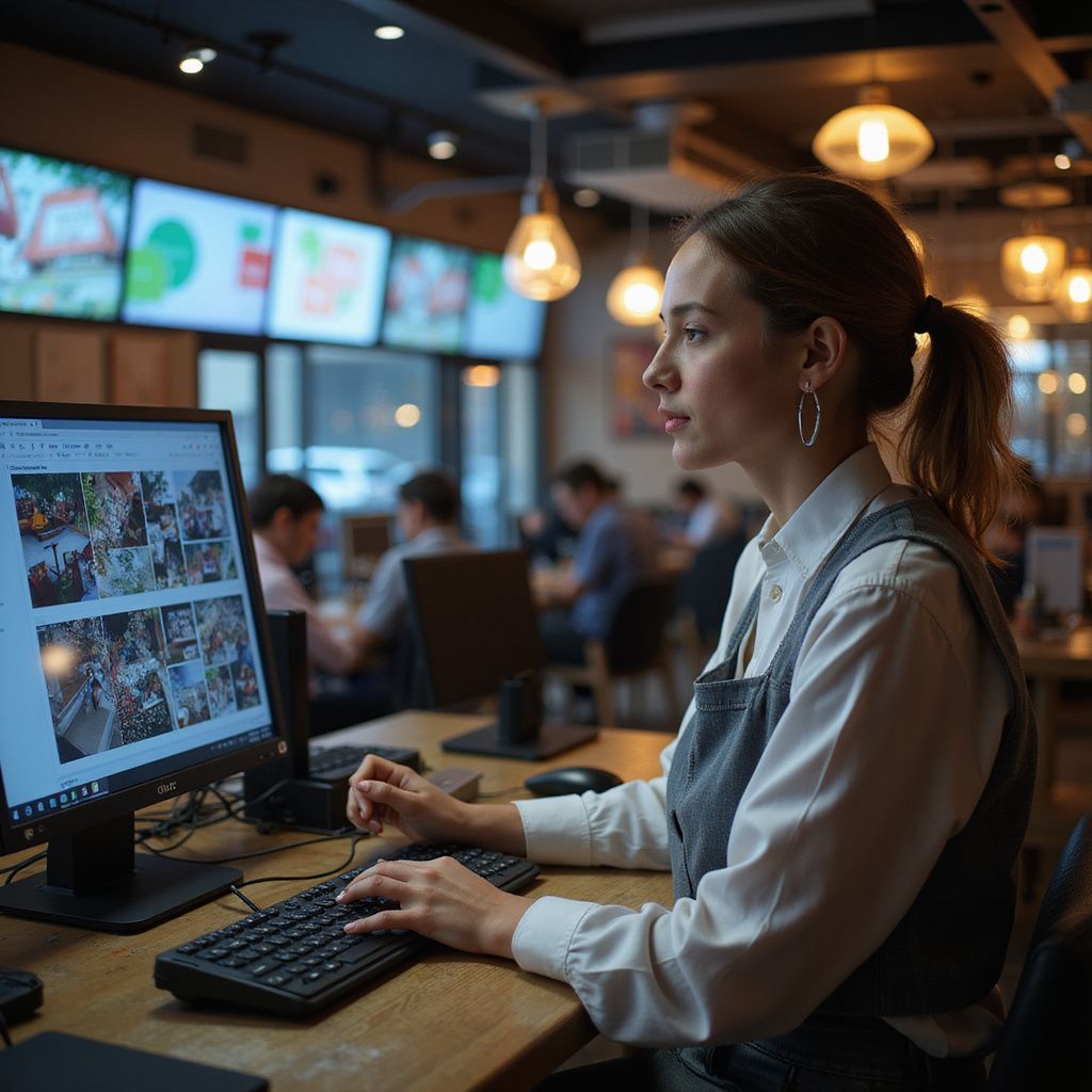 Woman at a computer in an office, typing, looking at the screen. People and screens are in the background.