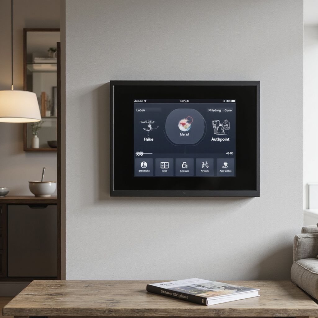 Black control panel on a wall displays a user interface, in a modern living room setting.