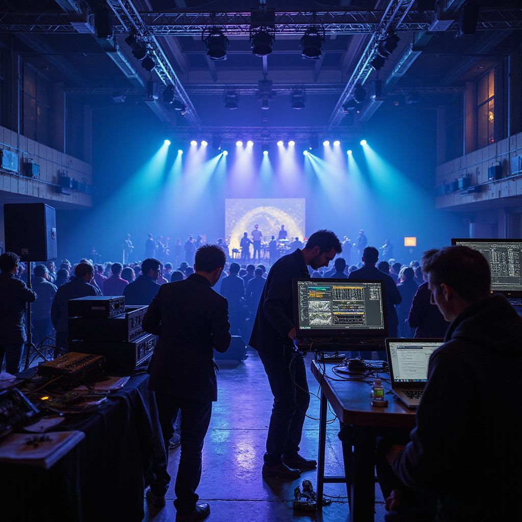 Concert scene with band on stage, audience, and technicians with computers and equipment bathed in blue light.