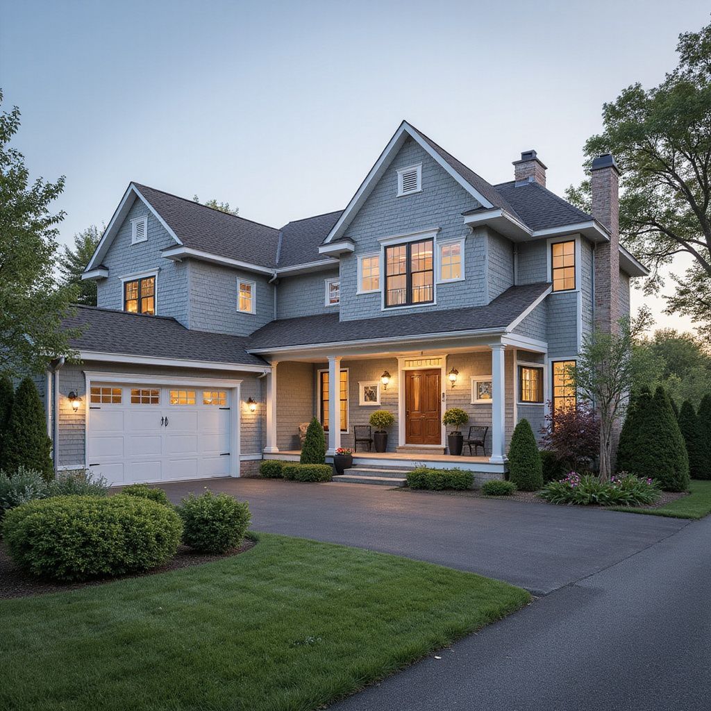 Two-story gray house with a white garage door, a brown front door, and a paved driveway.