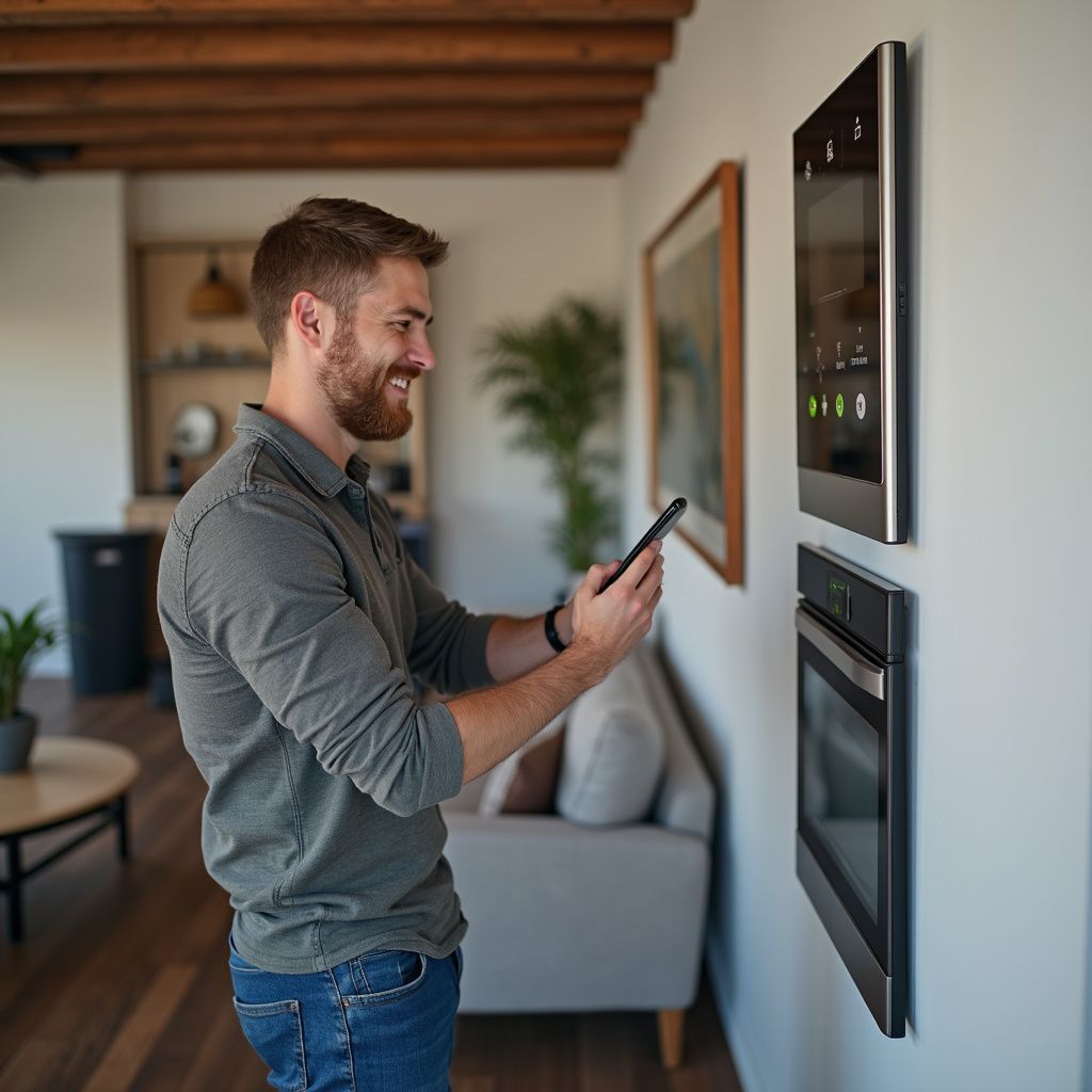 Man using a smartphone, smiling at a smart oven and touchscreen on a wall in a living room.