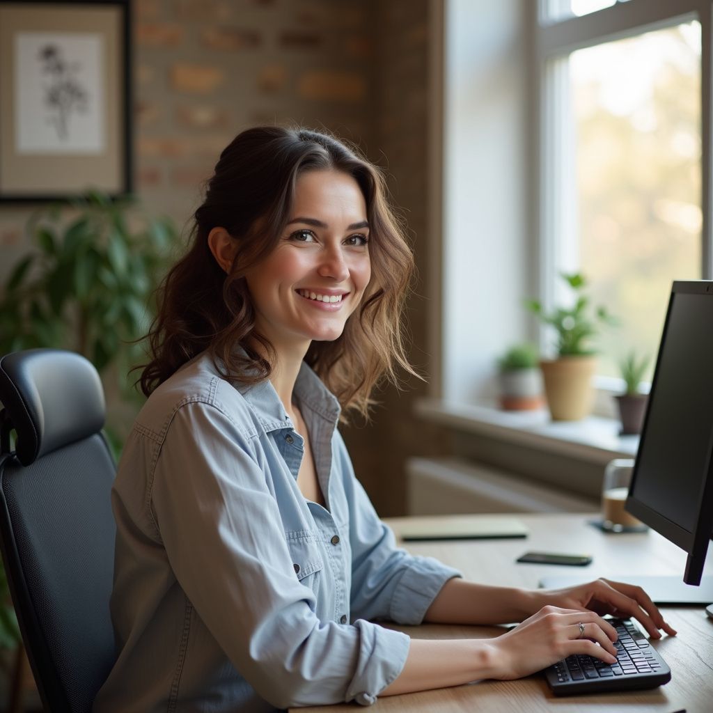Woman smiles while working on a computer at a desk near a window.