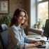Woman smiles while working on a computer at a desk near a window.