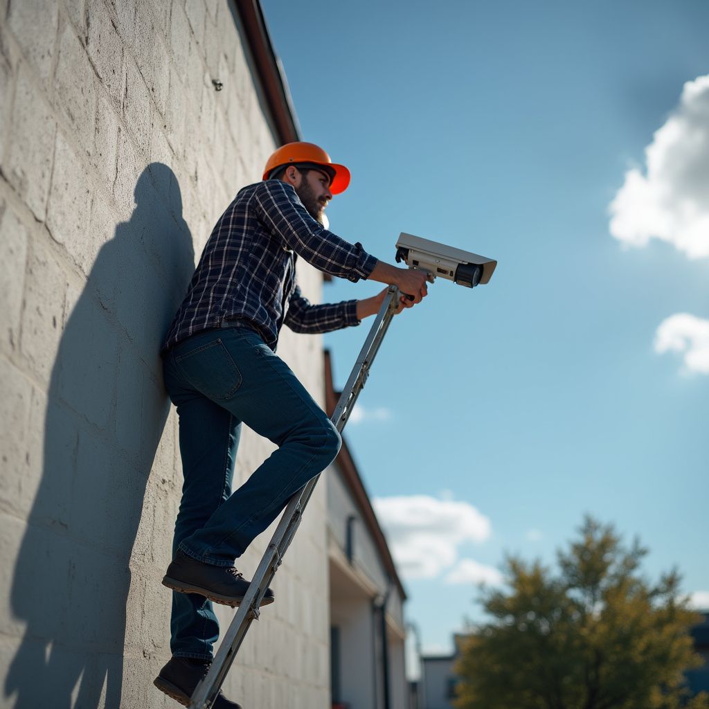 Man on ladder installing security camera on building exterior.