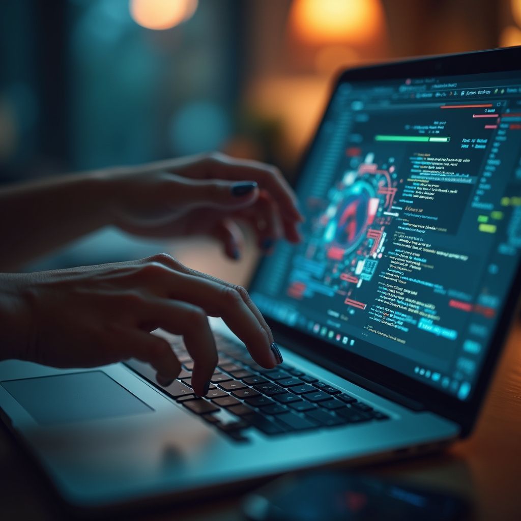 Hands typing on a laptop displaying code with colorful data visualizations in a dimly lit setting.