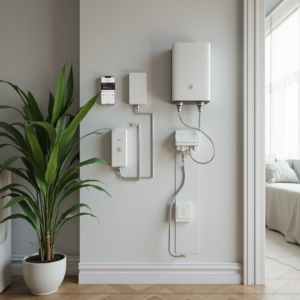 White wall-mounted technology components with connected wires. A potted plant stands nearby.