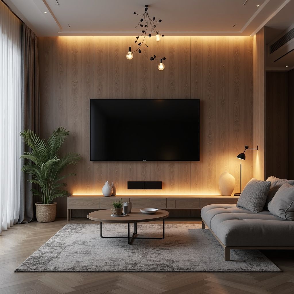 Living room with wooden panel wall, large TV, built-in shelf, sofa, and a coffee table.