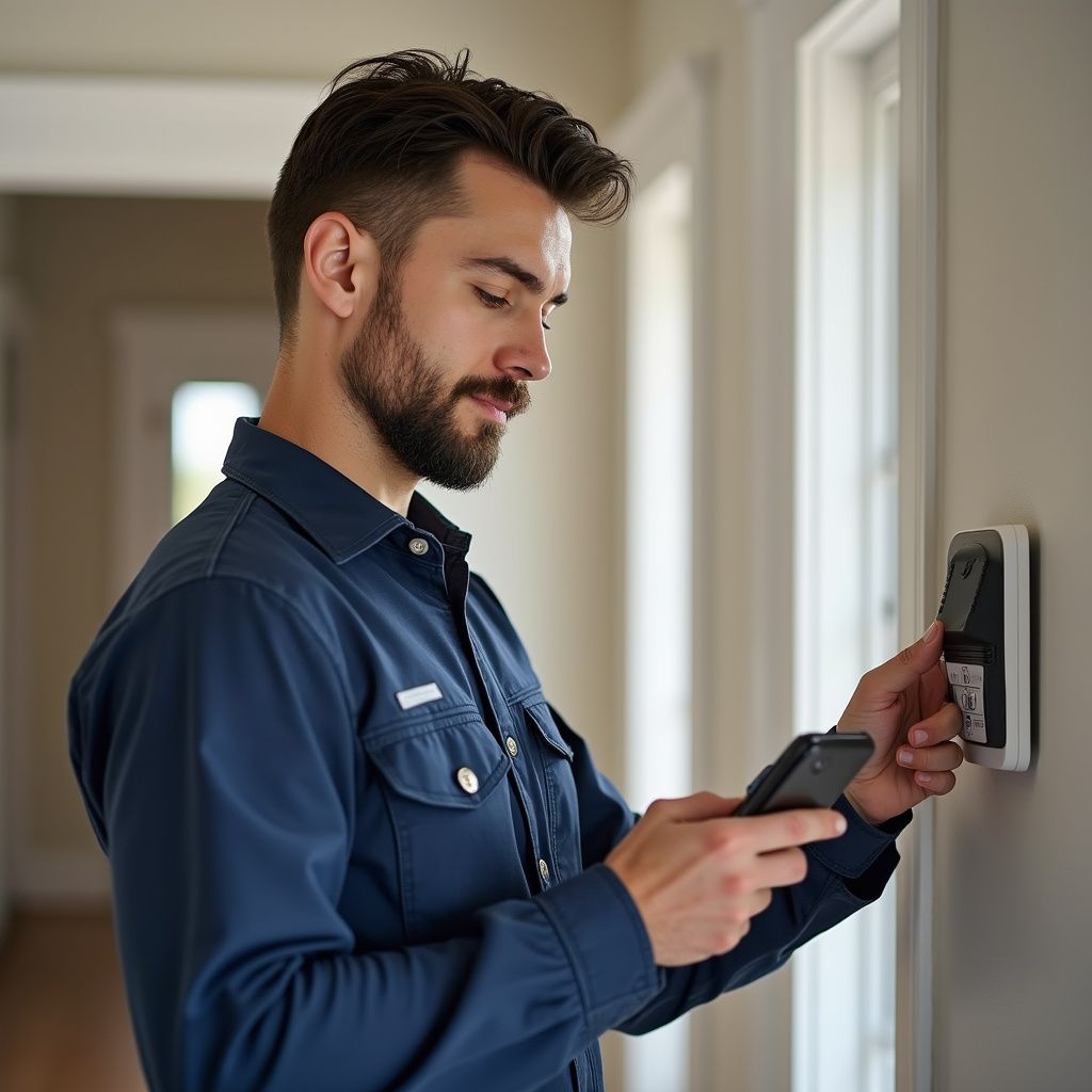 Man in blue shirt using smartphone to interact with a smart lock on a wall. Interior hallway setting.